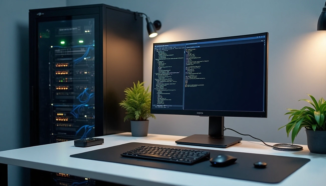 Modern workspace with a computer monitor displaying code and a server rack in the background for secure email setup.
